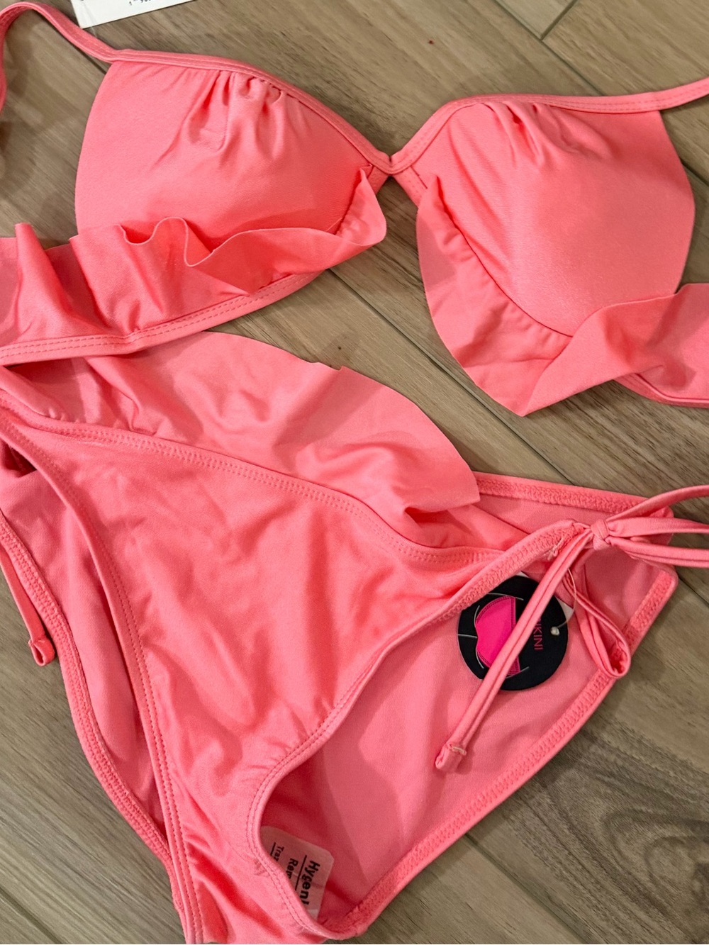 No Boundaries Coral Pink Ruffle Tie-Side Bikini Set